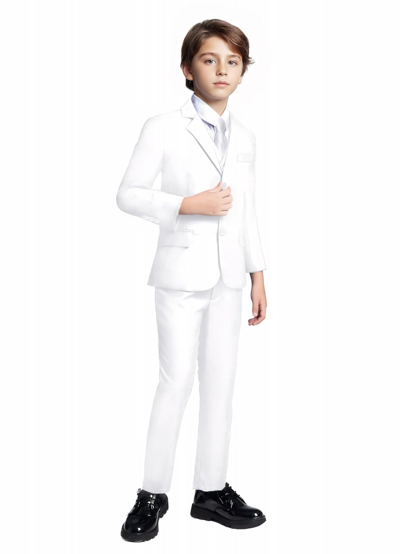 Addneo Boy's Silm Fit Formal Suits 5 Piece with Shirt and Vest, White 5pc, 7 - Image 1
